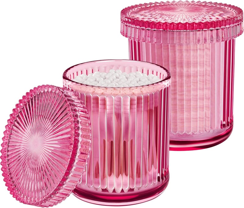 2 Pack Qtip Holder - Apothecary Jars with Lids, Bathroom Organizers and Storage Canister for Cotton Balls,Swabs,Floss Picks,Hair Ties,Clear Glass Vintage Bathroom Decor Jar Set (Pink2)
